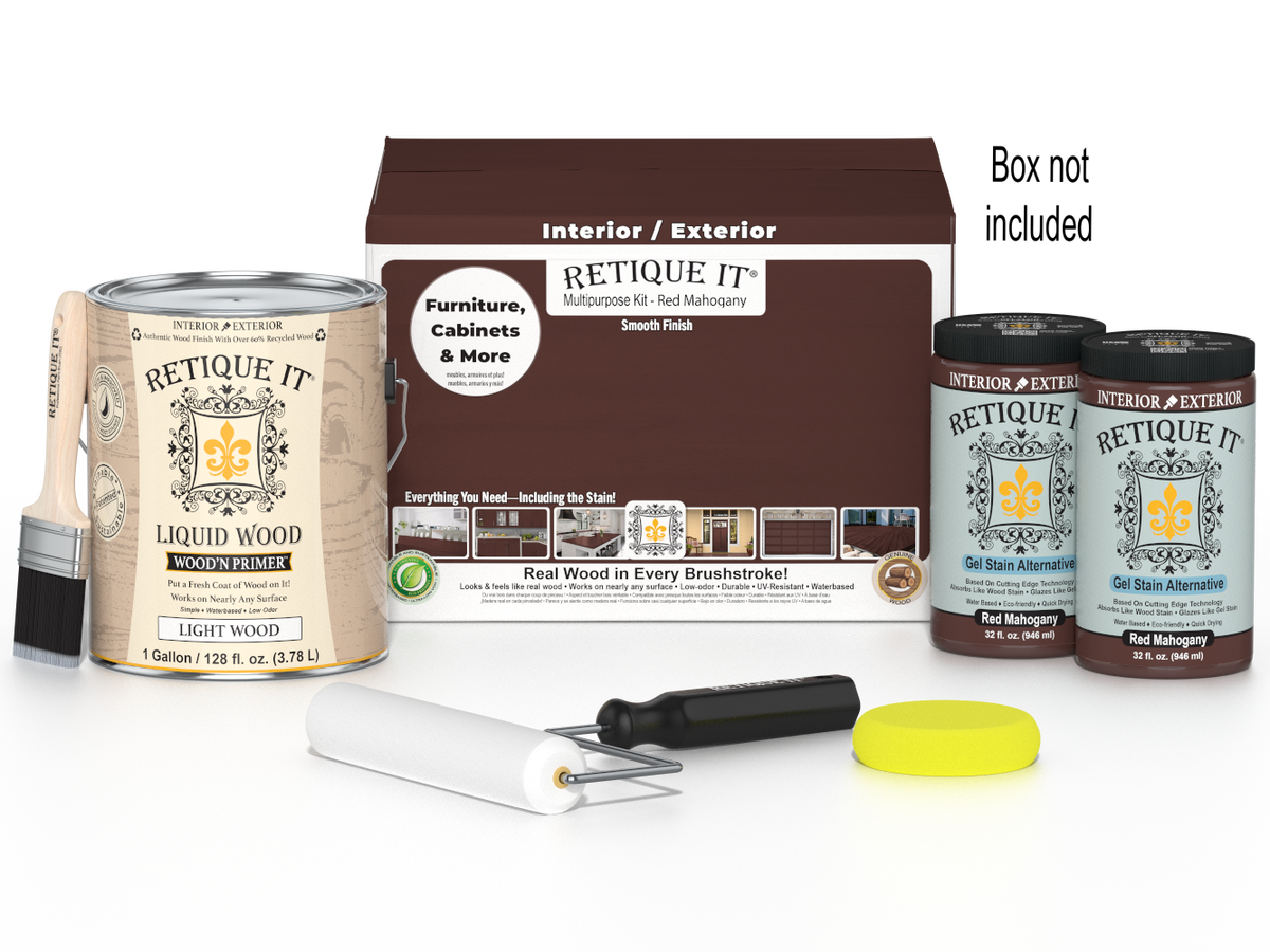 Retique It® Wood'n Finish Kit in Red Mahogany with four large containers for multi-purpose wood finishing projects.