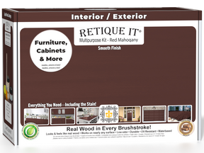 Retique It Multi-purpose Smooth Finish Kit in Red Mahogany for exterior wood top coating, includes application tools and finishing product.