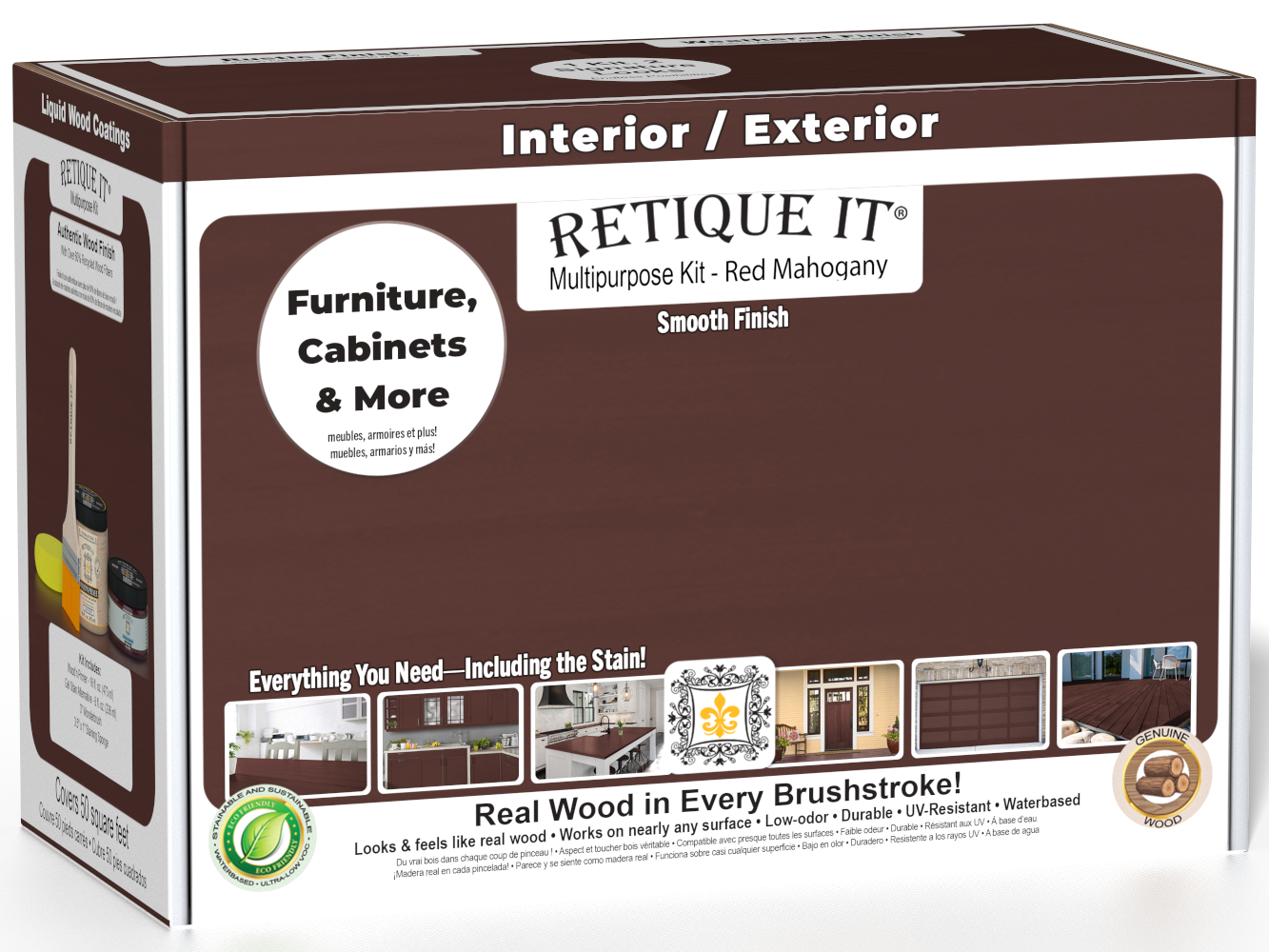 Retique It Multi-purpose Smooth Finish Kit in Red Mahogany for exterior wood, featuring top coat and finishing tools.