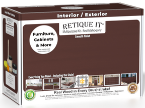 Retique It Multi-purpose Smooth Finish Kit in Red Mahogany for exterior wood, featuring top coat and finishing tools.