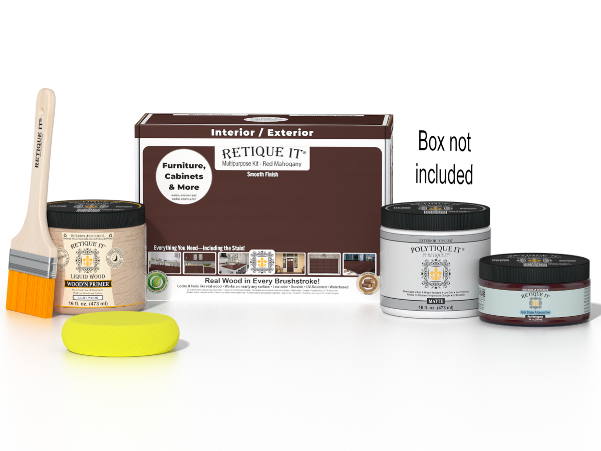 Retique It® Wood'n Finish Kit in Red Mahogany for exterior wood projects, includes multi-purpose smooth finish top coat.