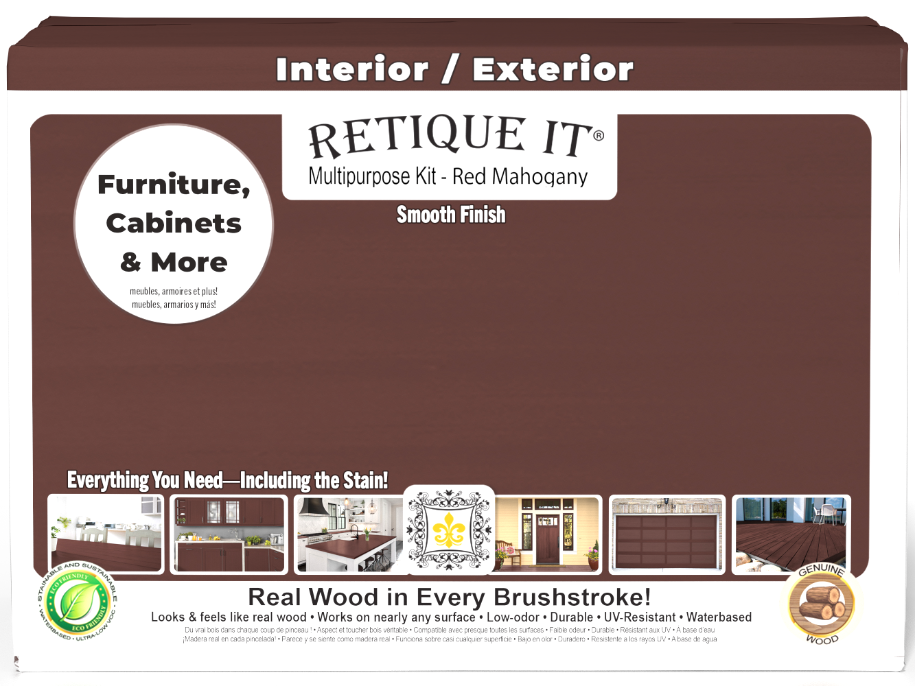 Large Red Mahogany Wood'n Finish Kit by Retique It® featuring smooth finish products in a box with tools and materials.