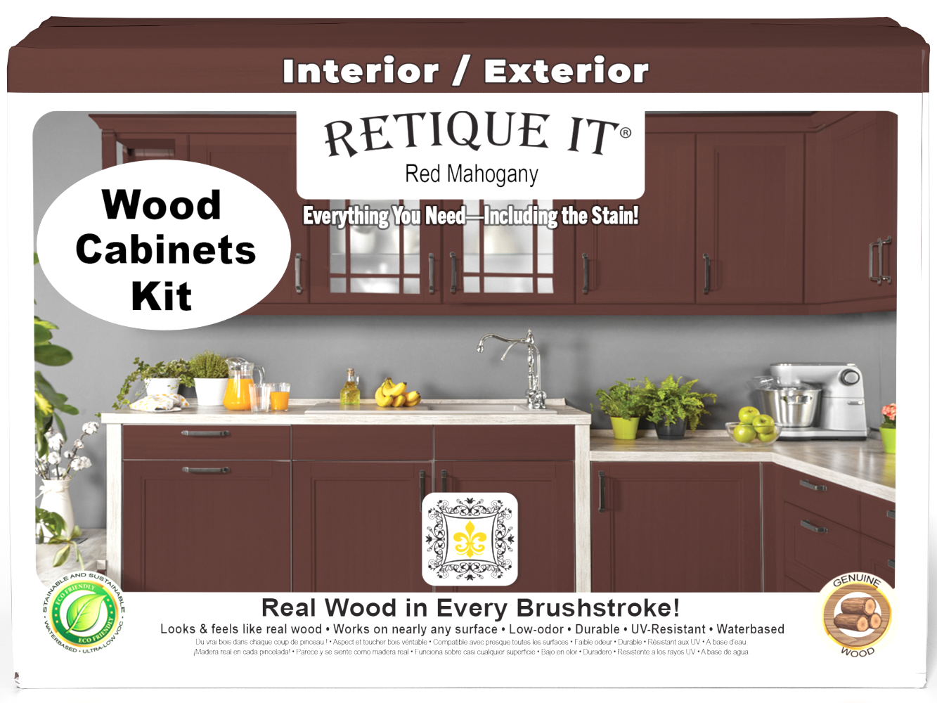 Red mahogany wood stain on 12-door smooth cabinet kit by Retique It® for stylish kitchen or furniture projects.