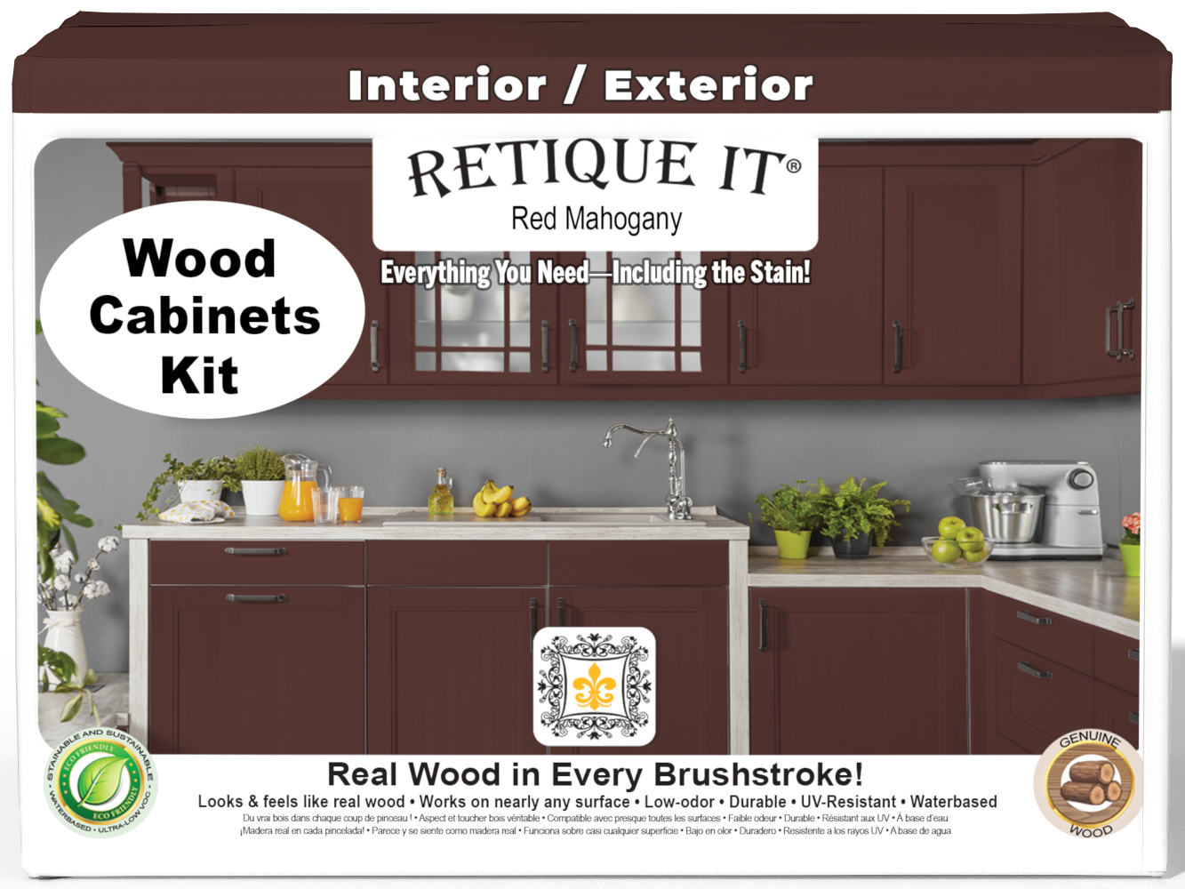 Retique It® Wood'n Cabinet Kit with 24 red mahogany stain doors and smooth finish, designed for kitchen cabinet renovation.