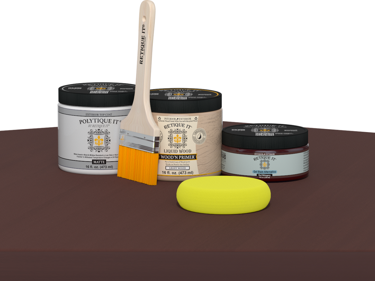 Retique It® Multi-purpose Smooth Finish Kit in Red Mahogany for exterior wood surfaces, includes top coat and application tools.