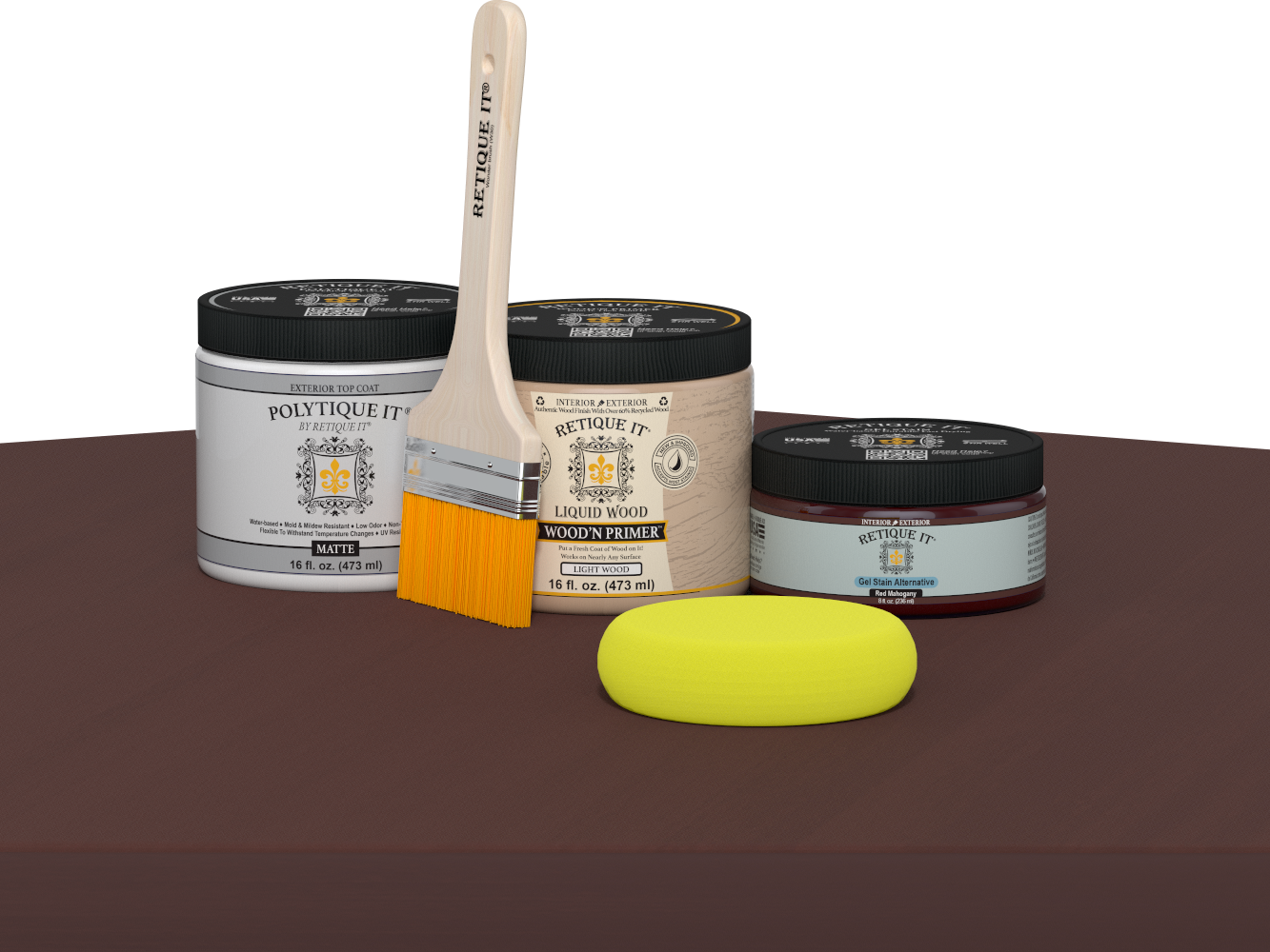 Retique It Multi-purpose Smooth Finish Kit in Red Mahogany for exterior wood surfaces, includes top coat and application tools.
