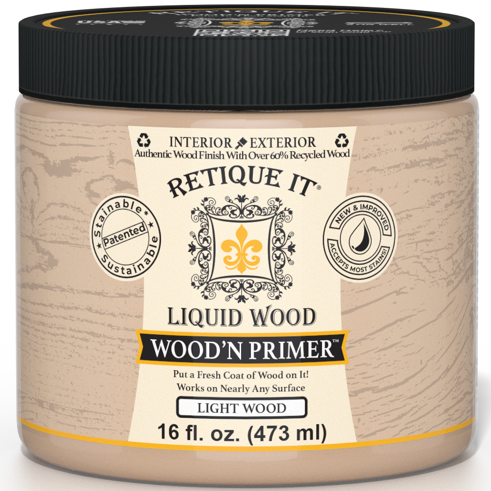 Retique It® Liquid Wood Wood'n Primer in Light Wood finish, 16 fl oz, showing the primer applied to a surface for wood projects
