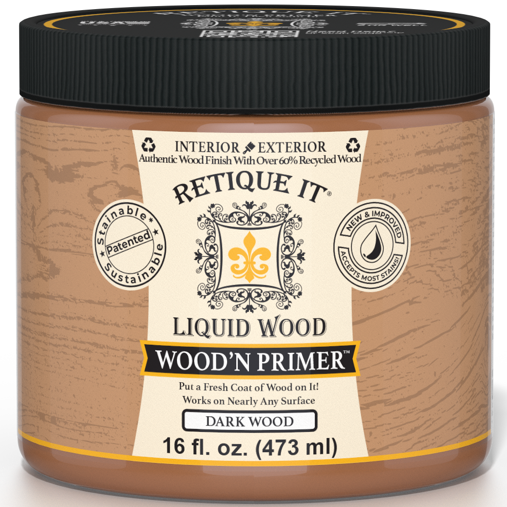 Retique It® Liquid Wood Wood'n Primer in Dark Wood, 16 fl oz, showing the primer container with dark wood finish on the label.