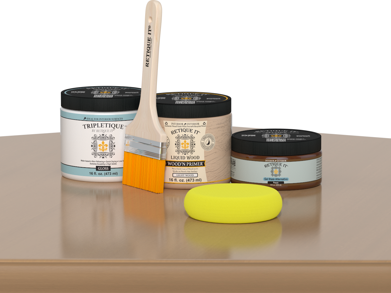 Retique It® Pecan Multipurpose Kit contents with Light Wood Liquid Wood primer, Pecan gel stain alternative, Tripletique gloss interior top coat, paintbrush, and yellow sponge displayed on a wood surface.