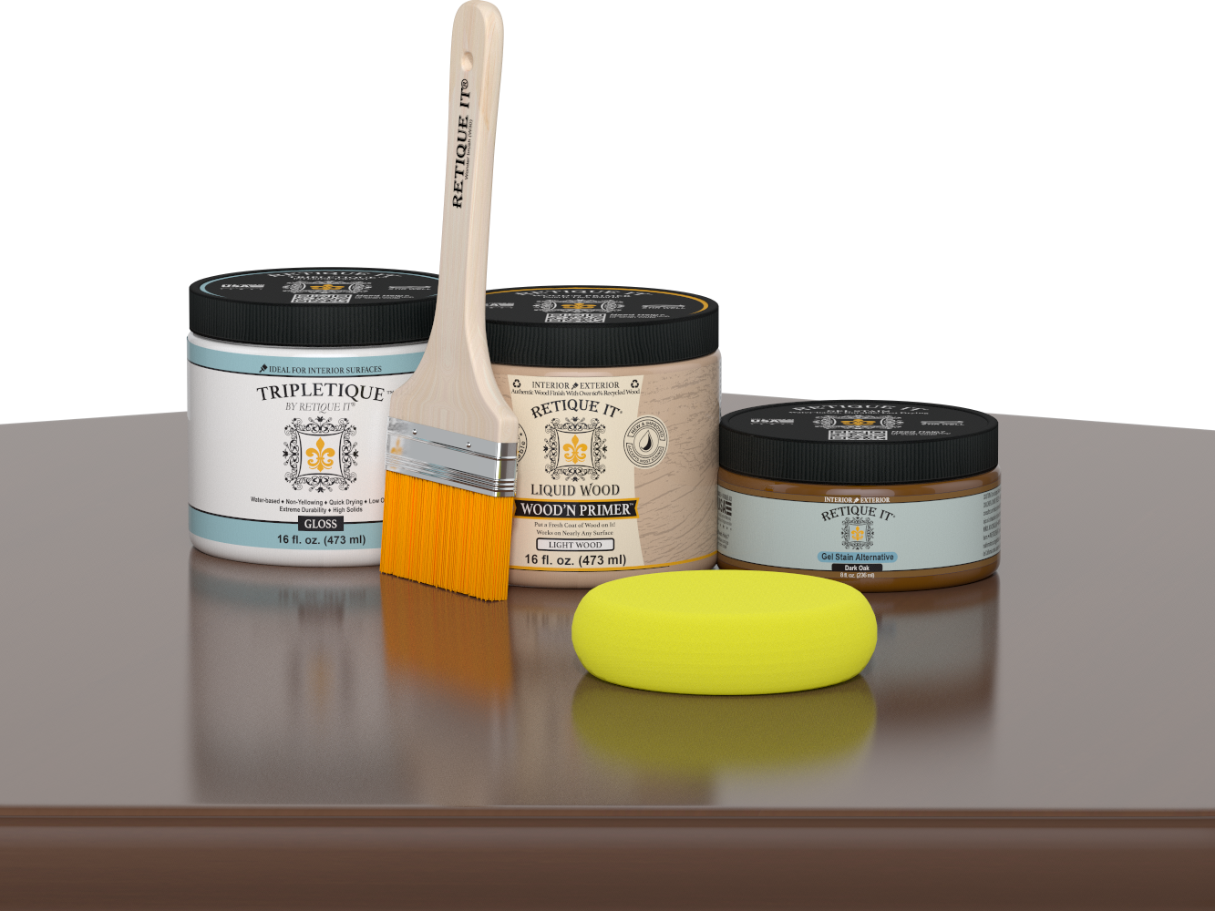 Retique It® Dark Oak Multipurpose Kit contents with Liquid Wood primer, Dark Oak gel stain alternative, Tripletique gloss interior top coat, paintbrush, and yellow sponge displayed on a dark wood surface.