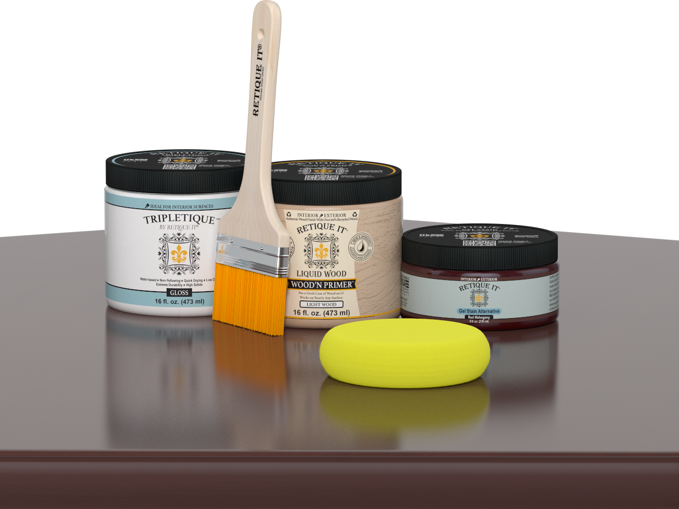 Retique It® Red Mahogany Multipurpose Kit contents with Liquid Wood primer, Red Mahogany gel stain alternative, Tripletique gloss interior top coat, paintbrush, and yellow sponge displayed on a dark wood surface.