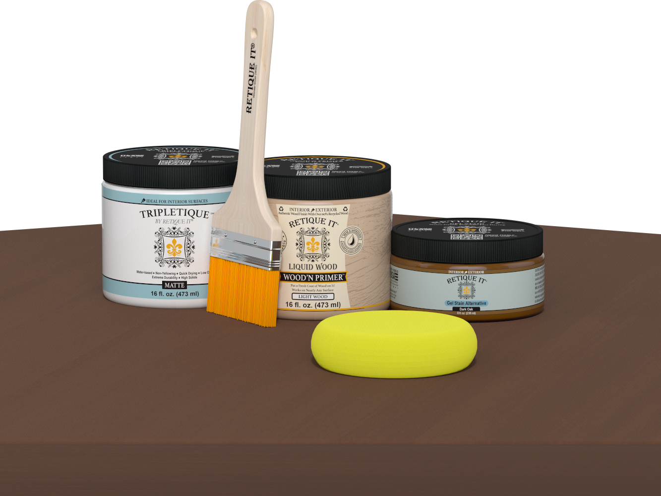 Retique It refinishing kit with Light Wood primer, Dark Oak gel stain alternative, matte Tripletique topcoat, a brush and yellow sponge.