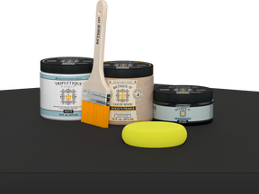 Retique It refinishing kit with Light Wood primer, Classic Black gel stain alternative, matte Tripletique topcoat, a brush and yellow applicator sponge.