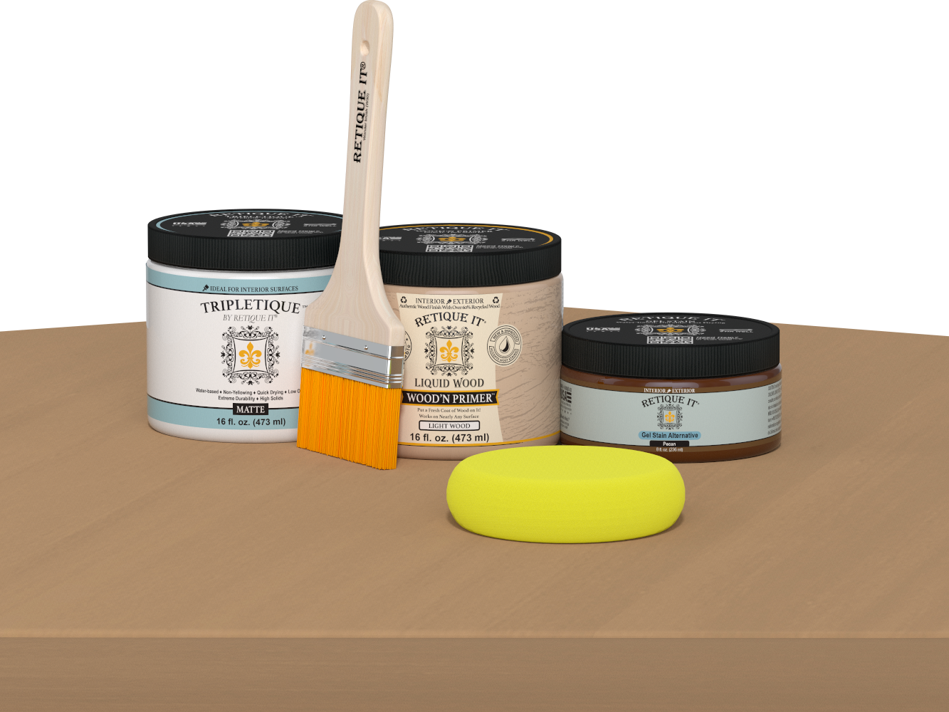 Retique It® Pecan Multipurpose Kit contents with Light Wood Liquid Wood primer, Pecan gel stain alternative, Tripletique matte interior top coat, paintbrush, and yellow sponge displayed on a wood surface.