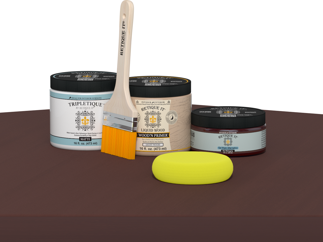 Retique It refinishing kit with Light Wood primer, Red Mahogany gel stain alternative, matte Tripletique topcoat, a brush and yellow sponge.