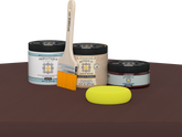 Retique It refinishing kit with Light Wood primer, Red Mahogany gel stain alternative, matte Tripletique topcoat, a brush and yellow sponge.