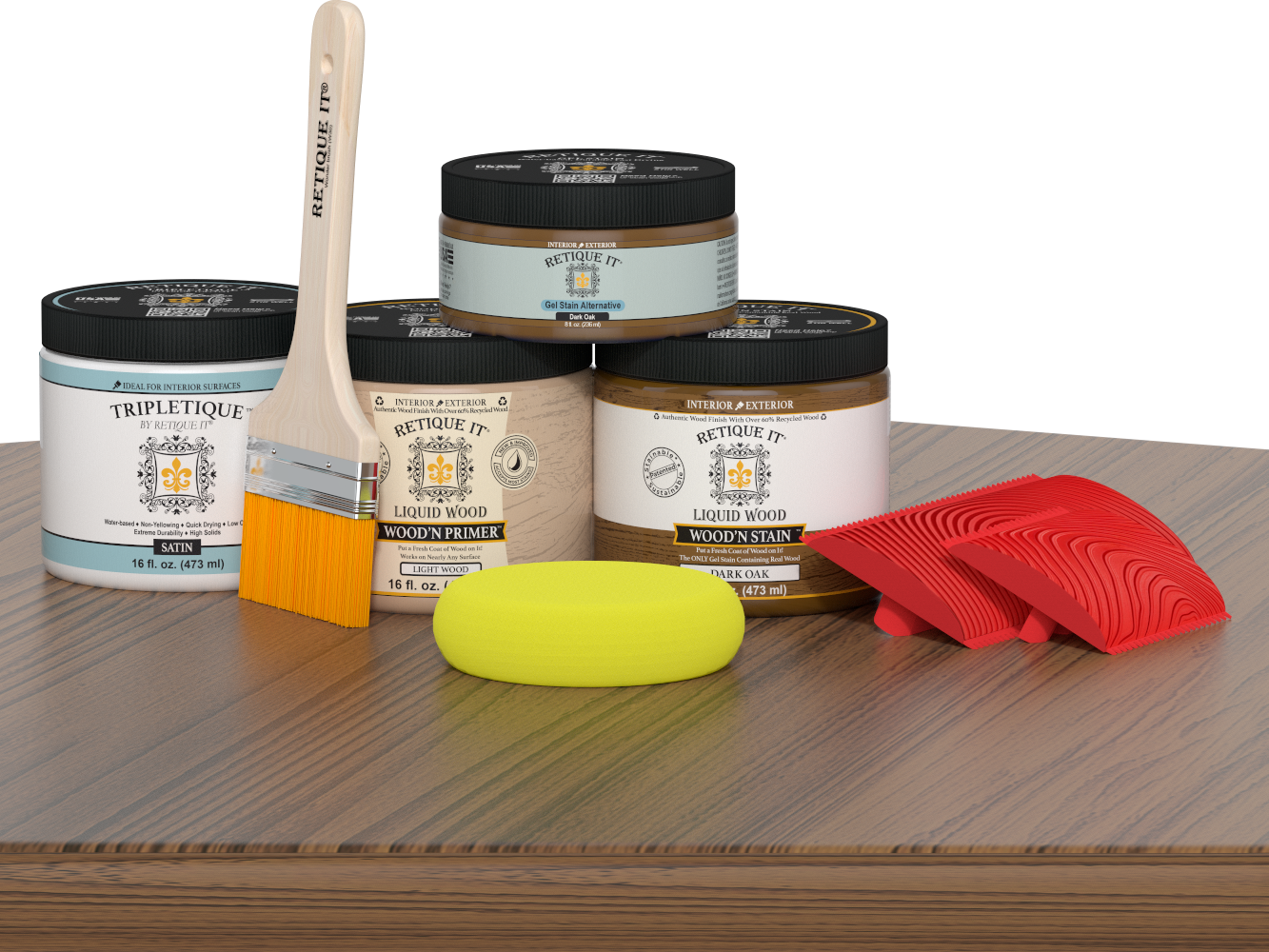 Retique It® Multi-purpose Smooth Finish Kit in Dark Oak for interior wood projects, includes top coat and application tools.