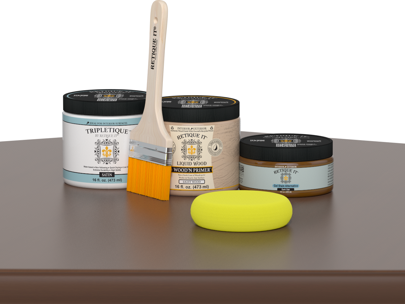 Retique It® Dark Oak Multipurpose Kit contents with Liquid Wood primer, Dark Oak gel stain alternative, Tripletique satin interior top coat, paintbrush, and yellow sponge displayed on a dark wood surface.