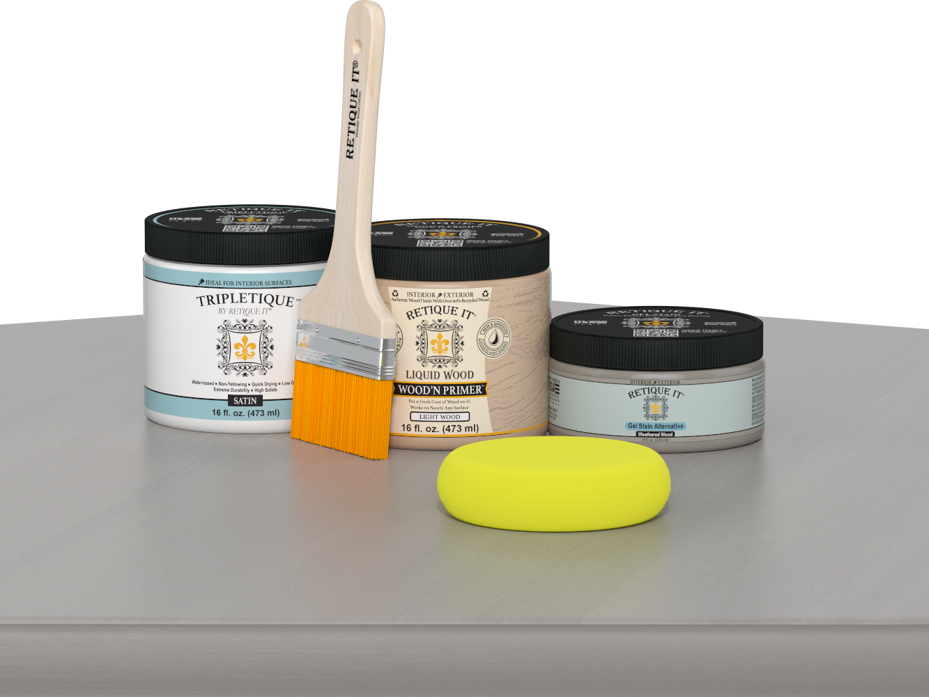 Retique It® Weathered Wood Multipurpose Kit contents with Liquid Wood primer, Weathered Wood gel stain alternative, Tripletique satin interior top coat, paintbrush, and yellow sponge displayed on a gray wood surface.