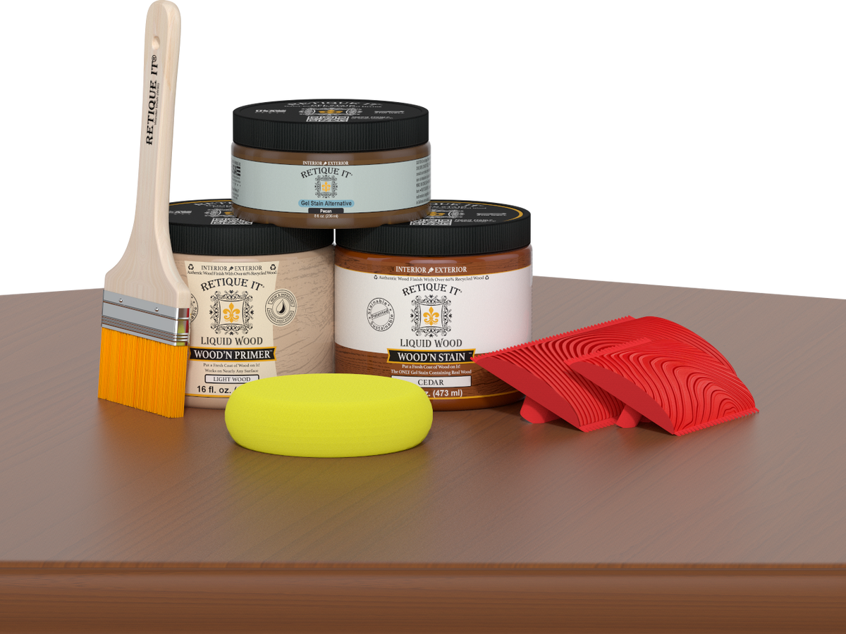 Retique It® Fireplace Wood'n Finish Kit in cedar stain, full fireplace stain kit with wood finish and application tools.
