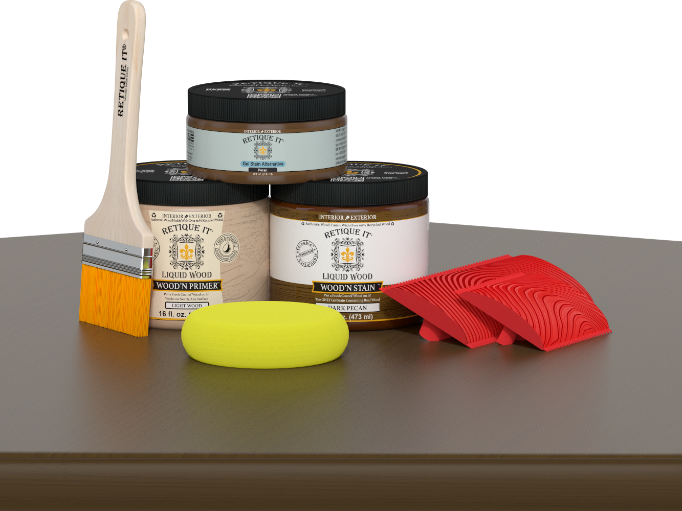 Retique It Fireplace Wood'n Finish Kit in Dark Pecan stain, full fireplace wood finishing set with stain bottles and application tools.