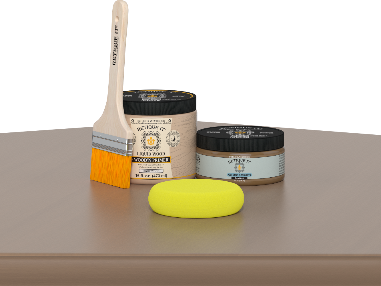Retique It® Barn Wood Multipurpose Kit contents with Light Wood Liquid Wood primer, Barn Wood gel stain alternative, paintbrush, and yellow sponge displayed on a wood surface.