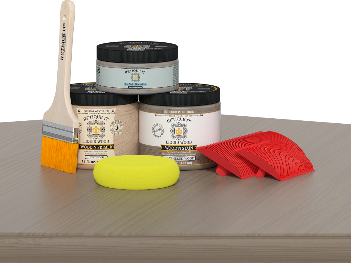 Retique It Wood'n Finish Kit in Weathered Wood, a multi-purpose wood finishing set with brushes and stain for furniture projects.