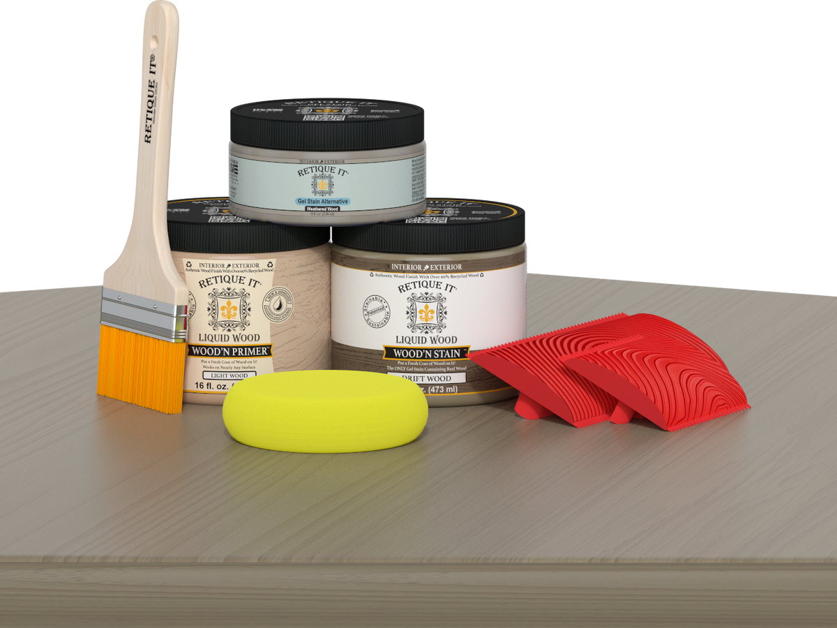 Retique It Wood'n Finish Kit in medium for driftwood effect, includes brushes and finishing tools for wood furniture.