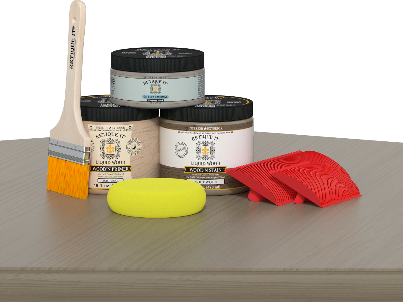 Retique It® Wood'n Finish Kit in medium for driftwood effect, includes brushes and finishing tools for wood furniture.