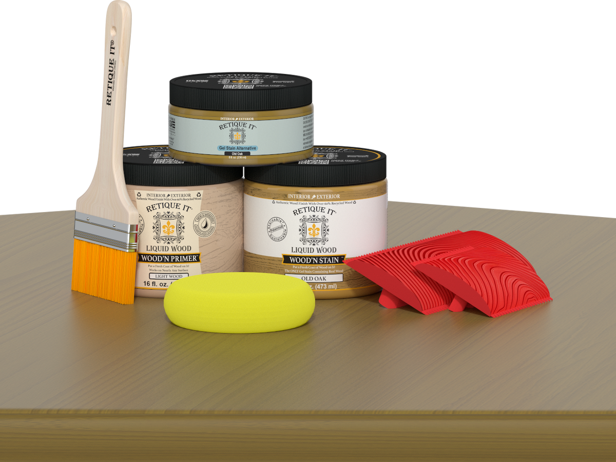 Retique It Wood'n Finish Kit in Old Oak, a multi-purpose wood finishing set shown with wood sample and application tools.