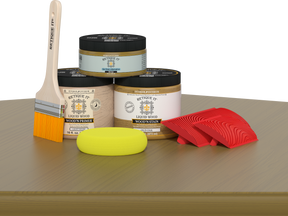 Retique It® Wood'n Finish Kit in Old Oak, a multi-purpose wood finishing set shown with wood sample and application tools.