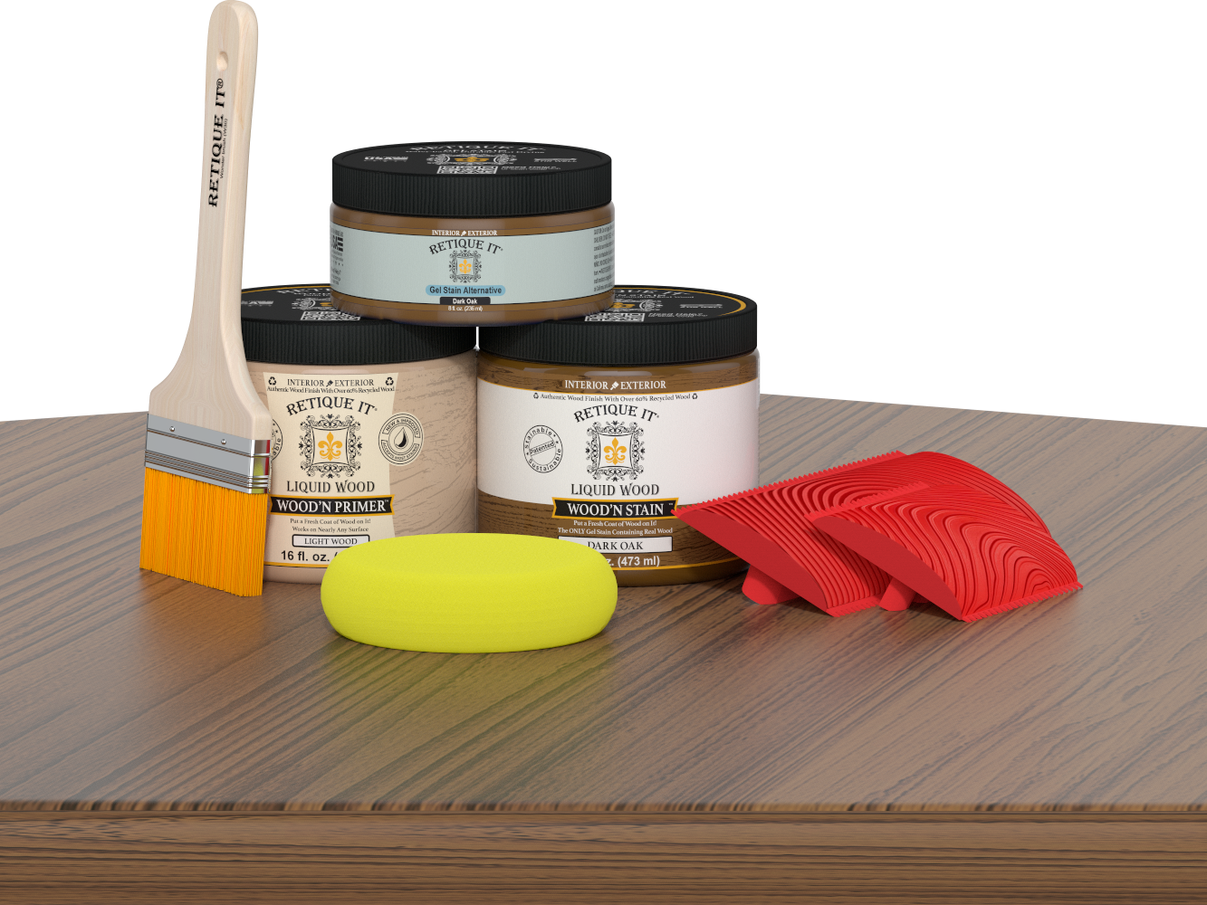Retique It Fireplace Wood'n Finish Kit in Dark Oak stain, full fireplace stain set with wood finish options shown on a table.