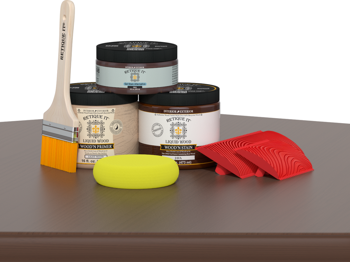 Retique It® Fireplace Wood'n Finish Kit in Java stain, full fireplace kit with stain and finishing supplies, shown on a table.