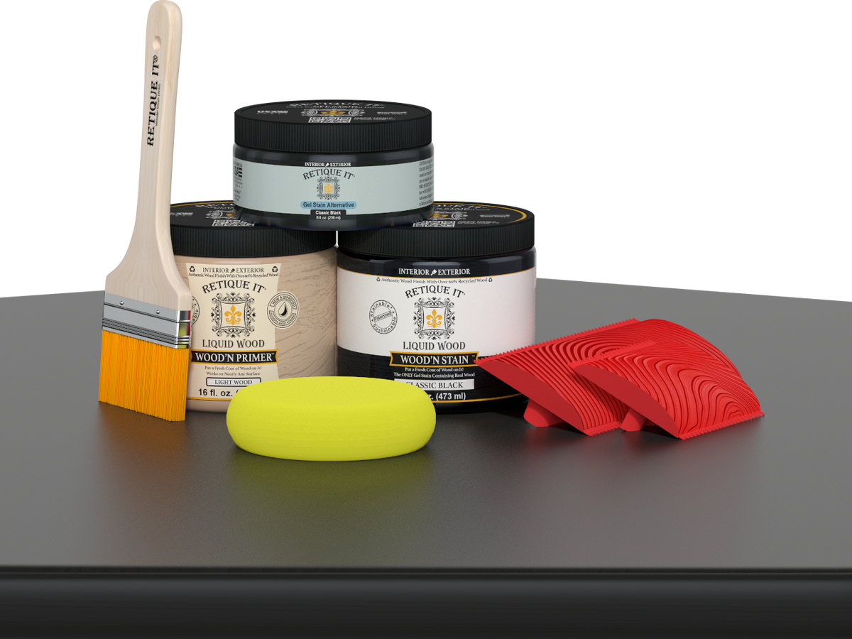 Retique It Wood'n Kit in Classic Black, a multi-purpose wood finish kit, shown on a wooden table surface.