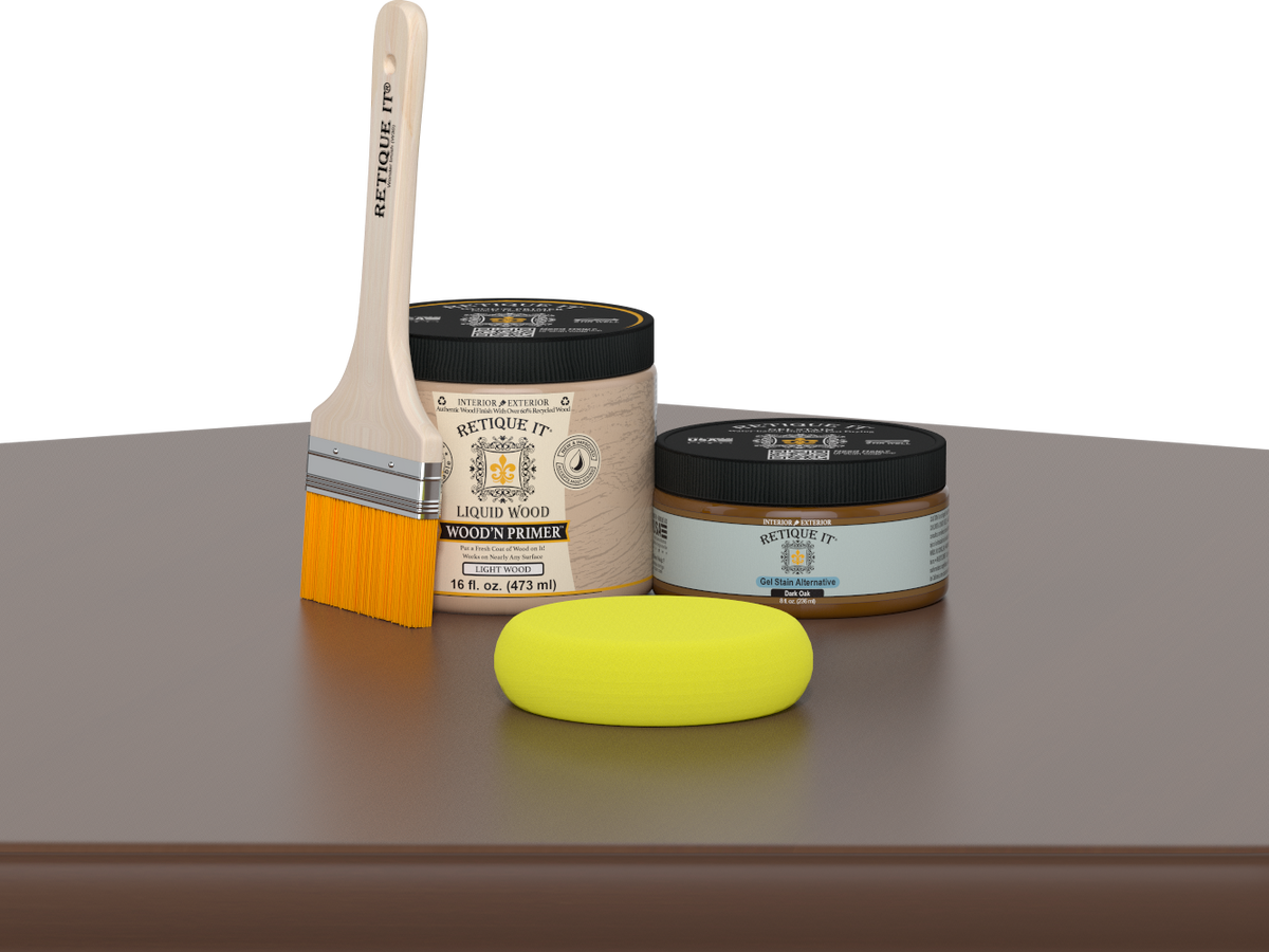 Retique It® Dark Oak Multipurpose Kit contents with Liquid Wood primer, Dark Oak gel stain alternative, paintbrush, and yellow sponge displayed on a dark wood surface.