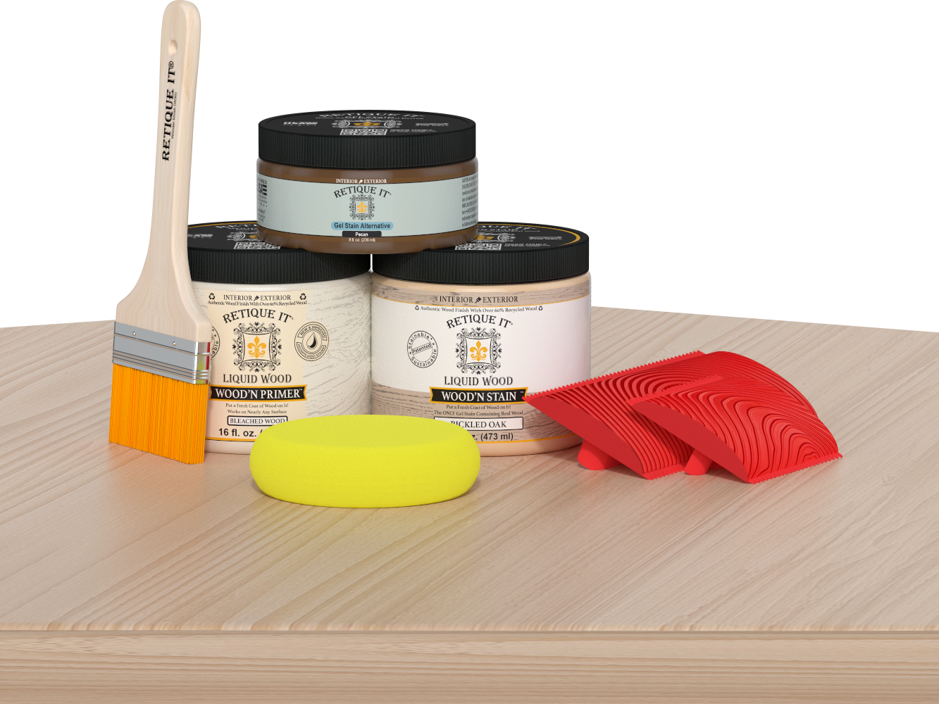 Retique It Fireplace Wood'n Finish Kit for full fireplace, featuring White Oak stain, with wood grain and finishing tools visible.