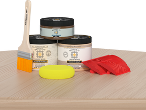Retique It Fireplace Wood'n Finish Kit for full fireplace, featuring White Oak stain, with wood grain and finishing tools visible.