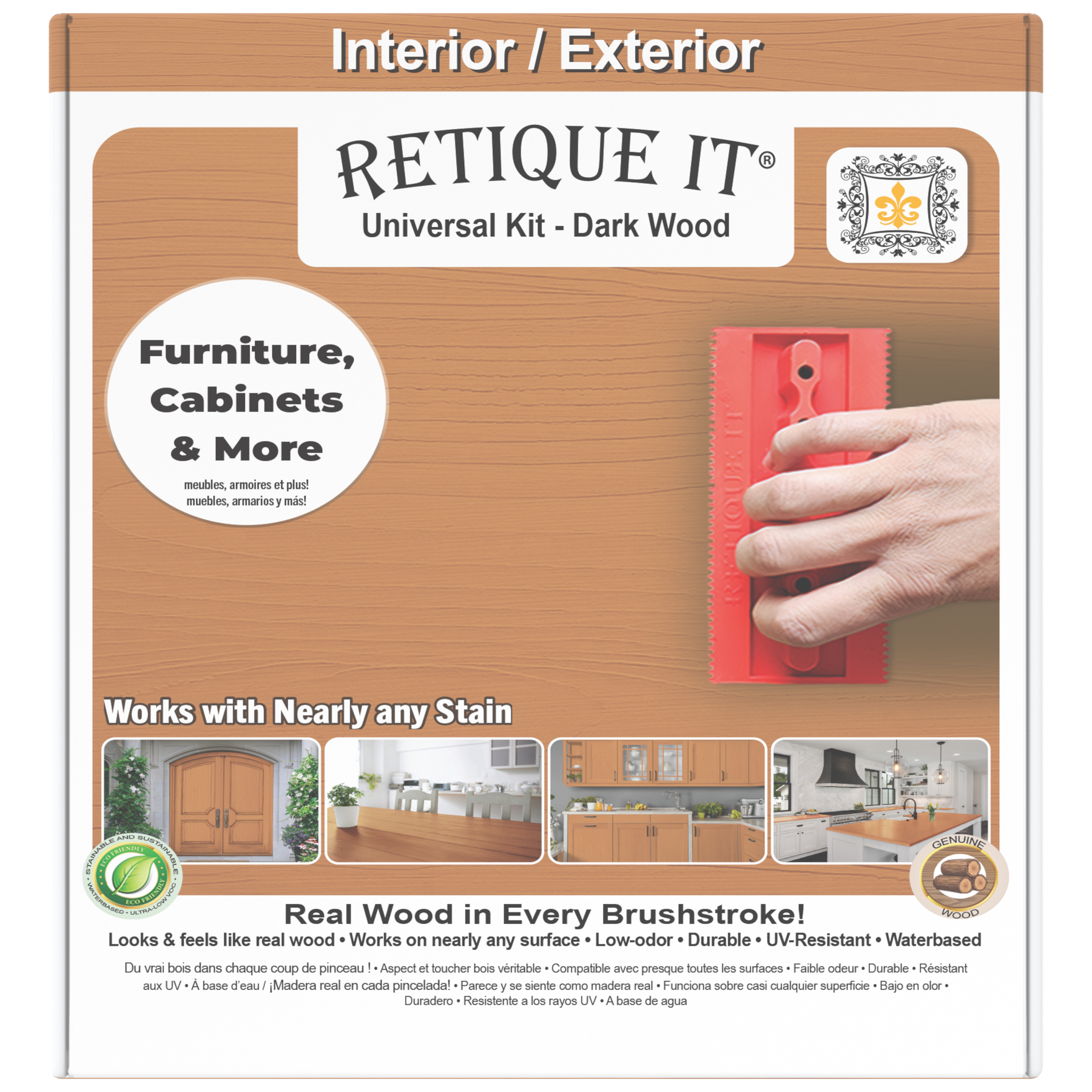 Universal Liquid Wood Kit in dark wood color by Retique It, shown in a box with application tools and sample swatches.