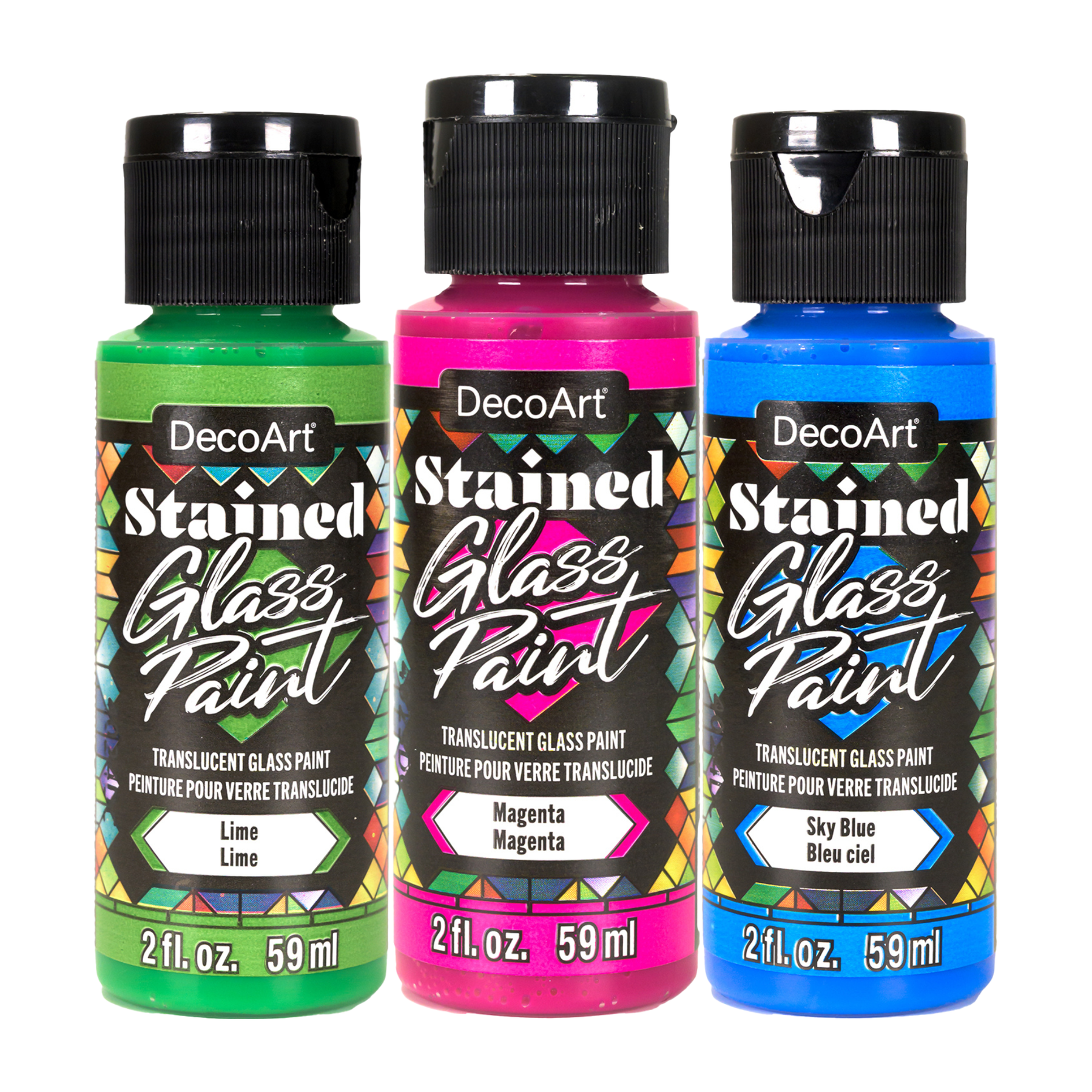 Decorative stained glass painted design using DecoArt stained glass paints, showcasing vibrant colors and intricate details.