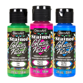 Decorative stained glass painted design using DecoArt stained glass paints, showcasing vibrant colors and intricate details.