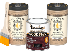 Angled product view of the 64 oz Retique It Liquid Wood kit with Varathane Black Cherry stain and a paintbrush.