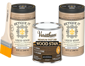 Angled product view of the 64 oz Retique It Liquid Wood kit with Varathane Briarsmoke stain and a paintbrush.
