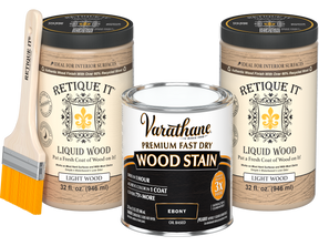 Angled product view of the 64 oz Retique It Liquid Wood kit with Varathane Ebony stain and a paintbrush.