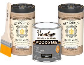 Angled product view of the 64 oz Retique It Liquid Wood kit with Varathane Weathered Gray stain and a paintbrush.