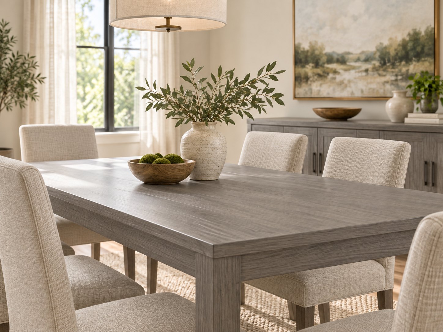 Weathered Gray dining table and matching sideboard with cream upholstered chairs in a bright dining room.