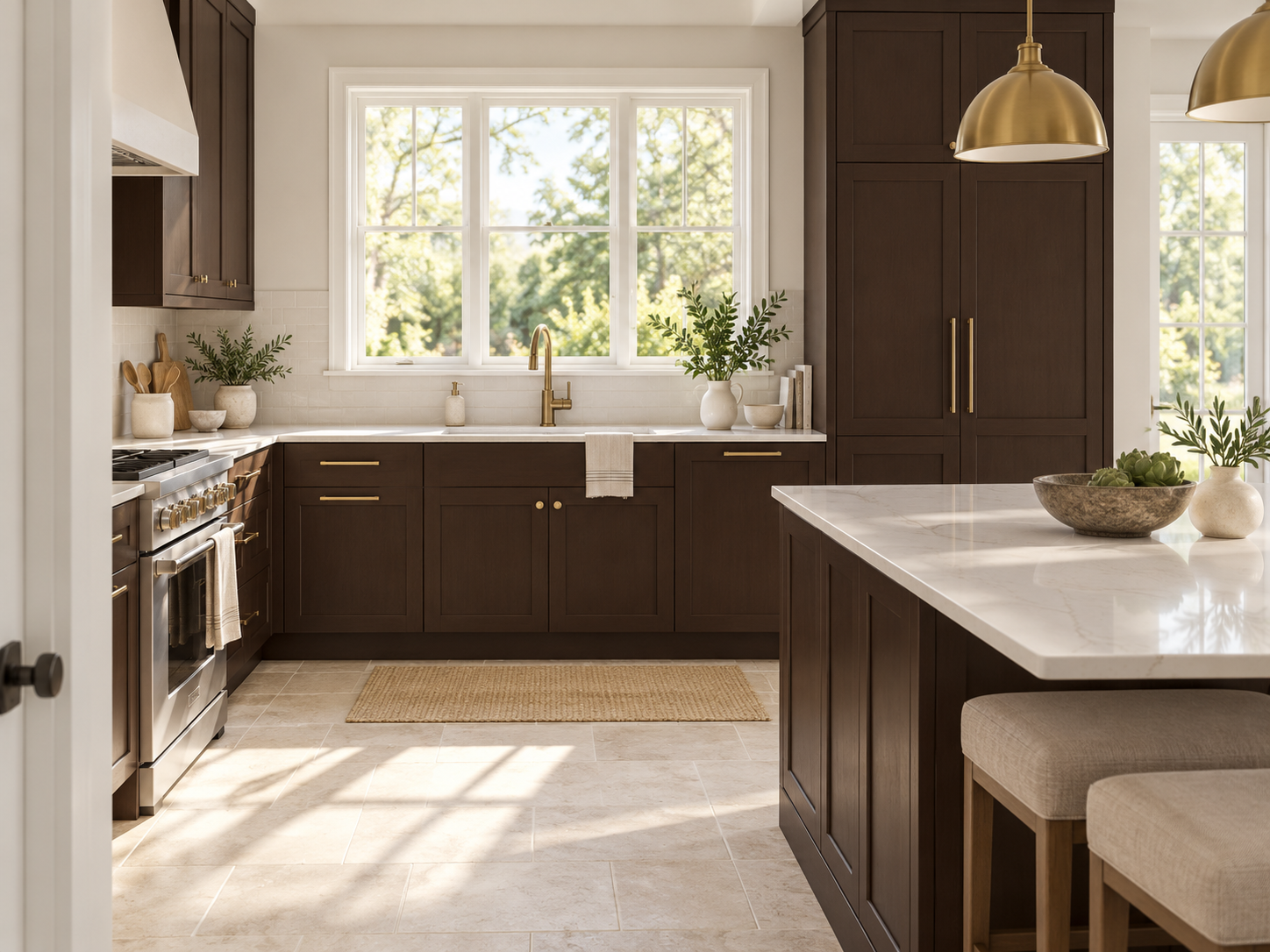 Kitchen cabinets and island finished in dark Kona, with white countertops, brass hardware, and gold pendant lights.