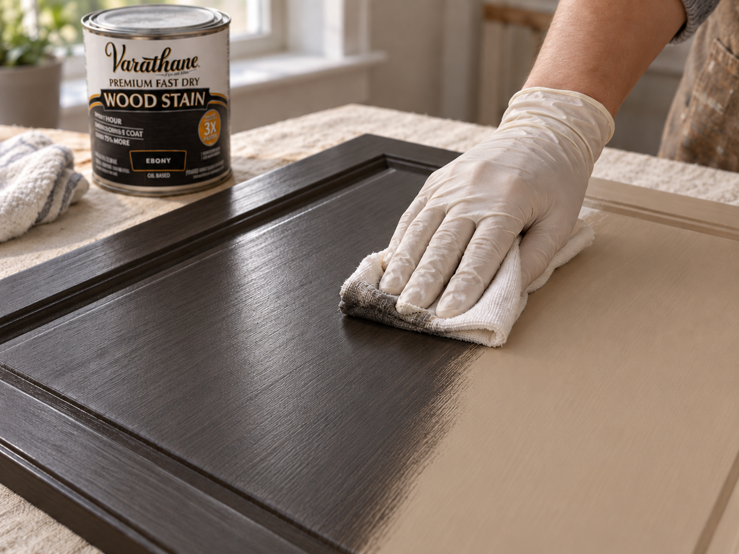 Gloved hand wiping Ebony fast-drying wood stain onto a cabinet door with a cloth.