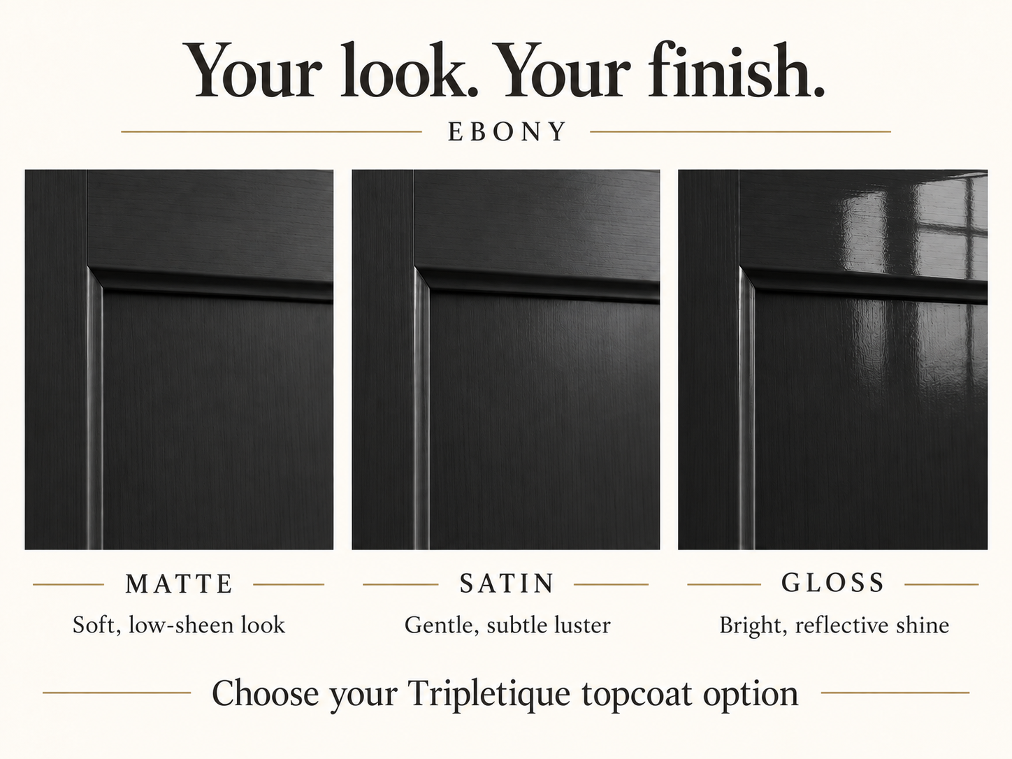 Ebony cabinet finish comparison: matte with low sheen, satin with subtle luster, and gloss with reflective shine.