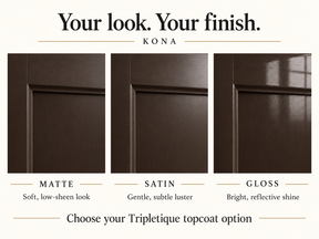 Kona cabinet finish comparison: matte with low sheen, satin with subtle luster, and gloss with reflective shine.