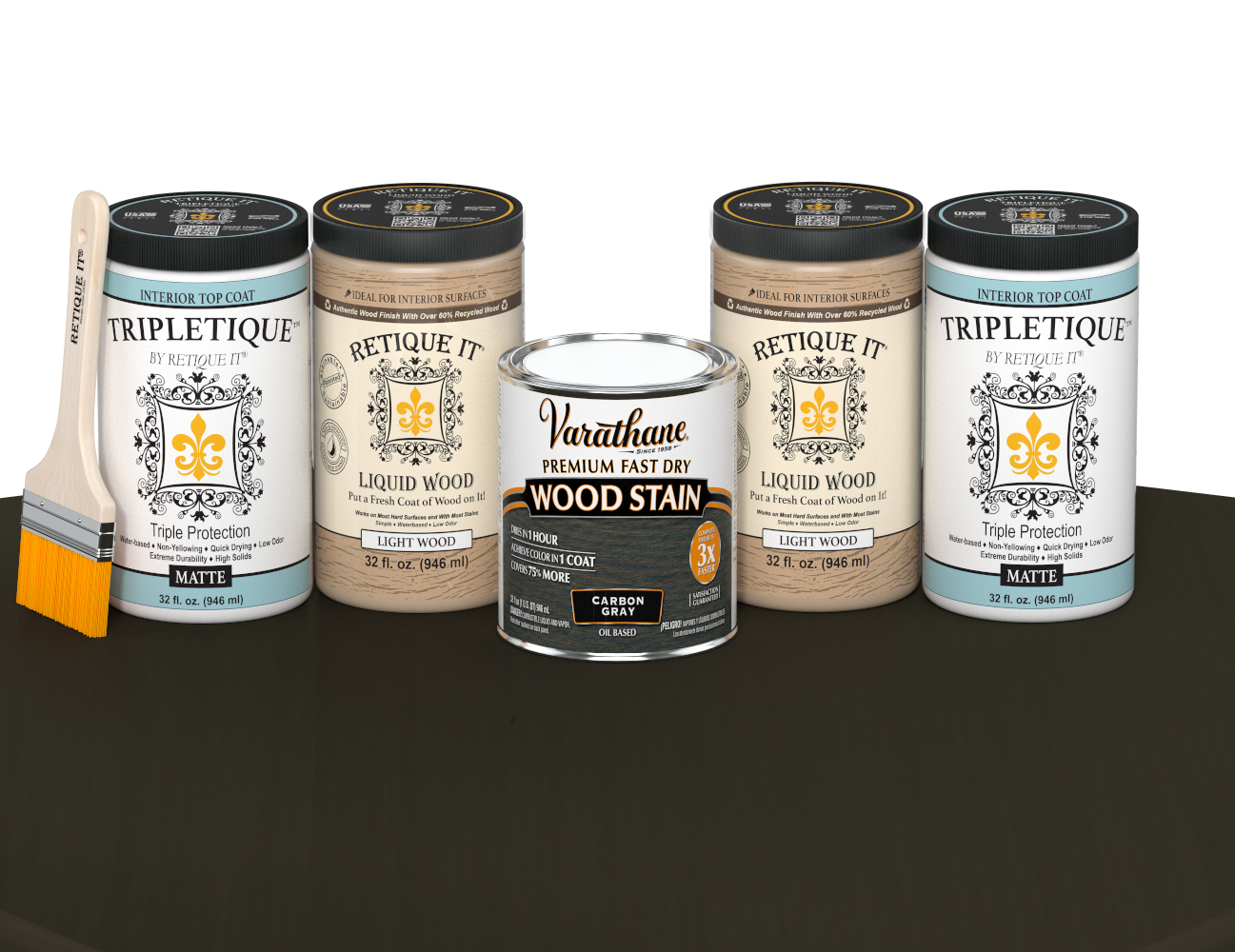 64 oz Retique It Liquid Wood kit with Carbon Gray stain, matte Tripletique topcoat, and a paintbrush on a matching finished tabletop.
